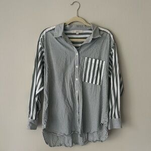 Loft Striped Pocket Button Down Long Sleeve Shirt Green Stripes Medium